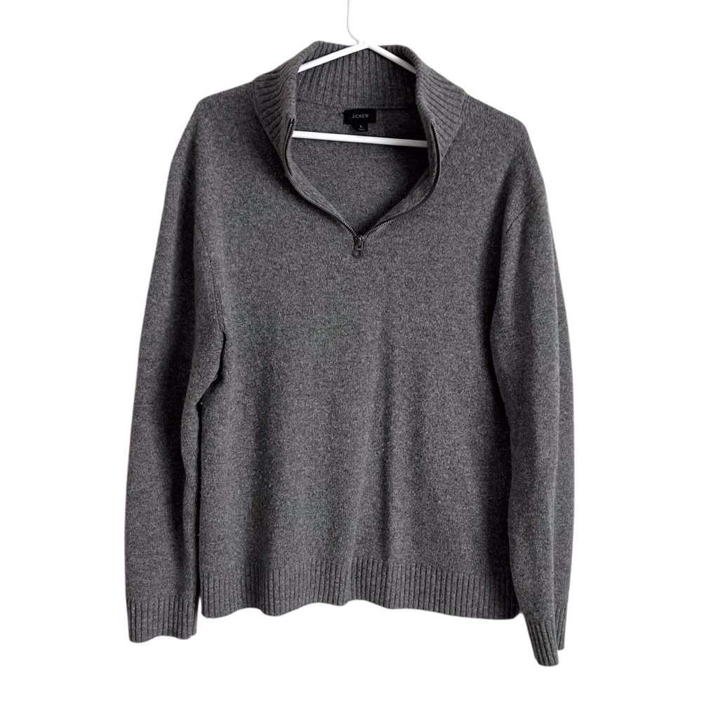 J Crew Men’s Quarter Zip Sweater Grey Large Merino Wool Blend Preppy Rugged
